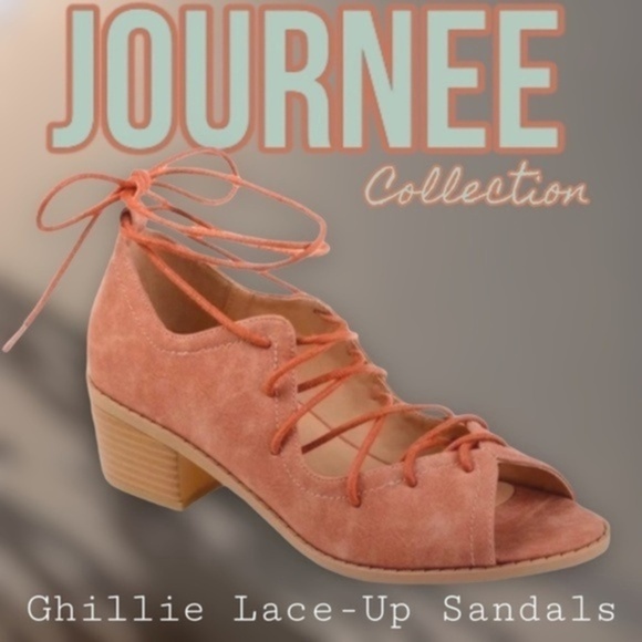 JOURNEE COLLECTION Bowee Faux Nubuck Ghille Lace-up Sandals in Rose NWOT - Picture 1 of 13